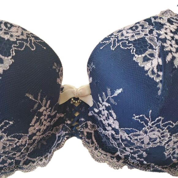 Victoria Secret Demi Padded Bra 34B ID# 36007072 Navy Pink Lace Bows Push Up - Picture 2 of 11